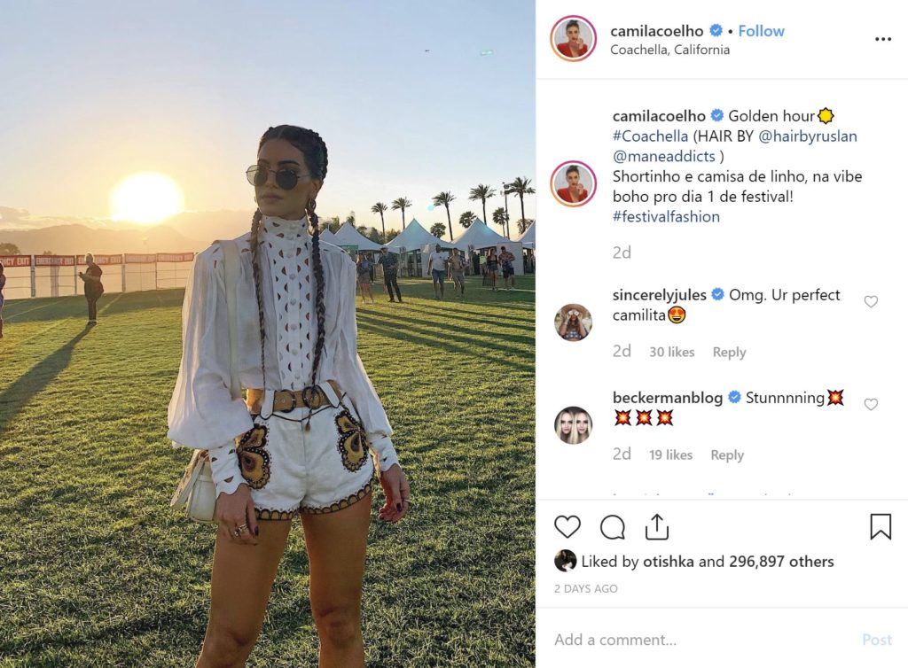 Brazilian beauty influencer Camila Coelho wears all white Zimmerman look for Coachella 2019, weekend 1