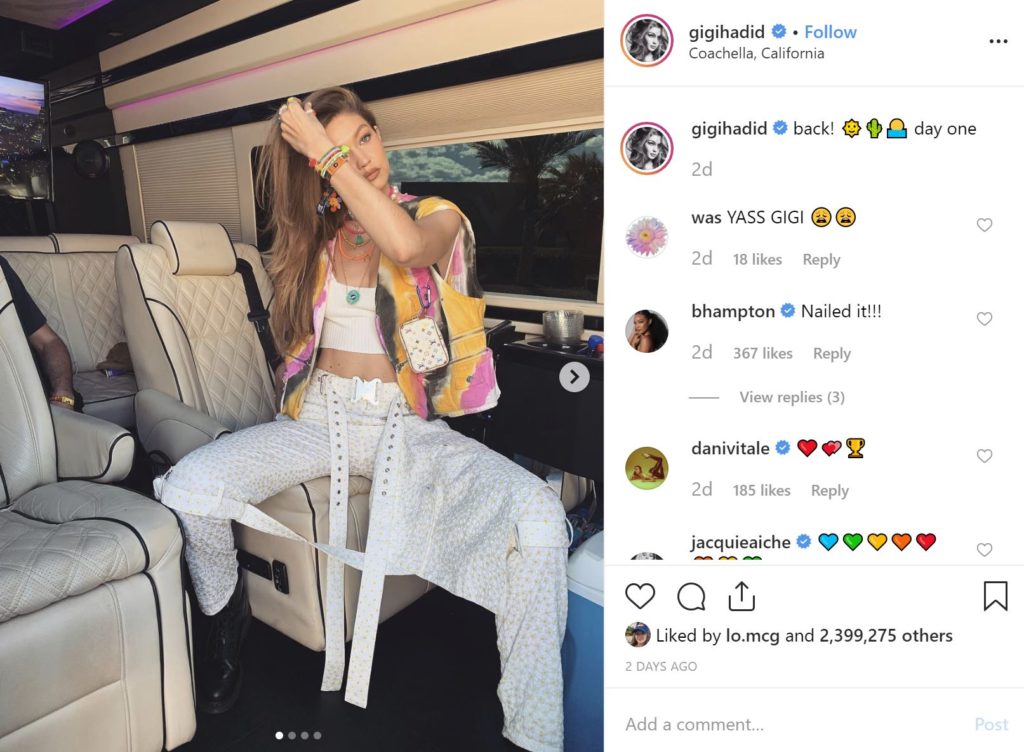 Gigi Hadid attends 2019 Coachella music festival, weekend 1